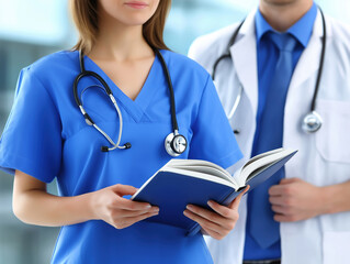 Healthcare professionals discussing patient care with a medical book in a hospital