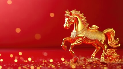 Golden horse figurine with ornate details on red background sparkling lights