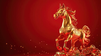 Fototapeta premium Golden horse statue on red background with glittering accents