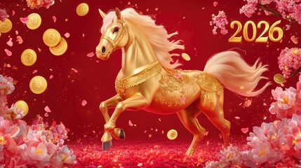 Golden horse with cherry blossoms and coins celebrating 2026