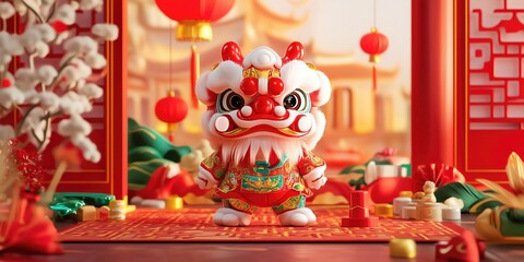 Naklejka premium Colorful chinese new year dragon figurine surrounded by festive red decor