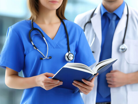Healthcare professionals discussing patient care with a medical book in a hospital
