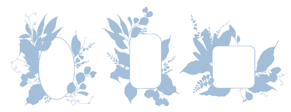 Frame with geometric lines and silhouettes of leaves and vegetation. Simple silhouette of plant frame, wreath. Leafy Frame, minimalist design