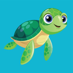 Obraz premium Adorable cartoon illustration of a smiling green sea turtle swimming on a bright blue background