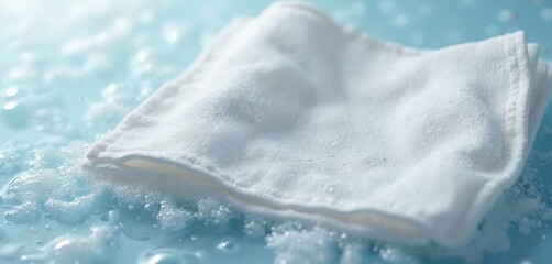 Close-up shot of wet white cloth in water with bubbles, foam. Clean textile soaking in liquid. Cleaning, housework concept. Washing, laundry, household chore.