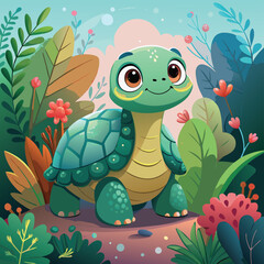 Fototapeta premium Adorable cartoon turtle smiling in a lush green garden with flowers and foliage