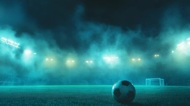 Empty soccer stadium night scene, fog, lights, action shot