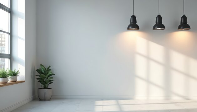 Minimalist interior studio with light gray wall. Modern room with window, lamps, potted plants. Empty space, copy space for product presentation. Suitable for online presentation, zoom meeting