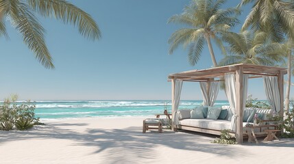 Peaceful beachfront setting with palm trees, turquoise ocean waves, soft white sand and relaxing summer cabana furniture.