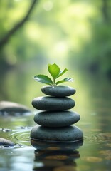 Obraz premium Zen stones stacked in perfect balance with vibrant green leaves. Calm stream water, wellness, meditation concept. Tranquil spa background. Focus, concentration, harmony, well-being, relaxation.
