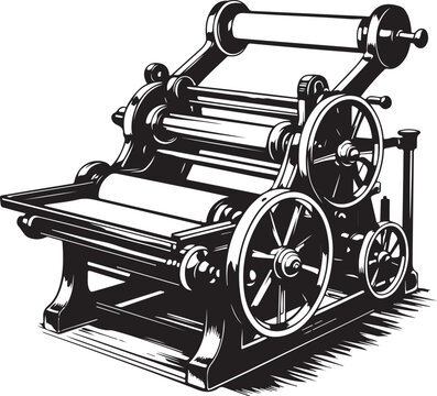 Black and white illustration of a vintage printing press