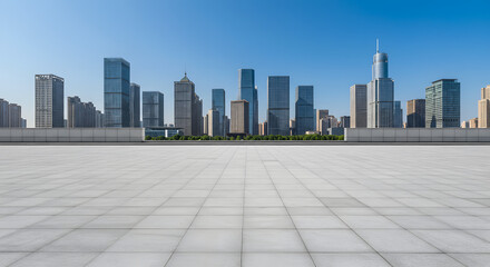 Obraz premium Modern City Skyline Panoramic View of Urban Architecture and Empty Plaza