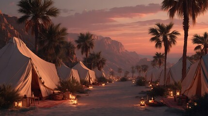 Realistic and detailed desert camp at sunset with large canvas tents, glowing lanterns, palm trees gently swaying, mountains in the background