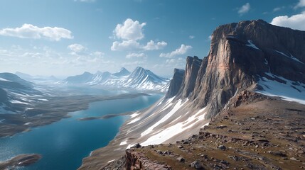 Remote arctic tundra with icy cliffs and deep blue glacial lakes stretching to the horizon, evoking untouched wilderness.