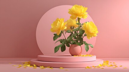 Round podium framed with vivid yellow roses on a pink background, minimalistic setting with soft natural lighting.