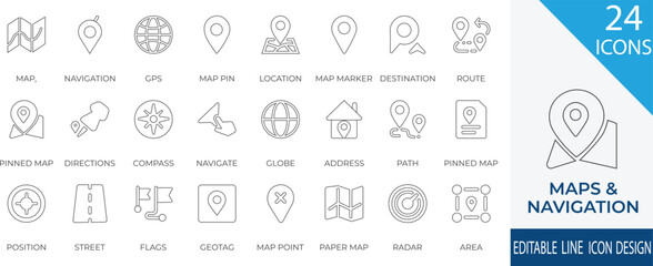 A detailed line icon set focused on maps, navigation, and location tracking. Includes essential icons like GPS, compass, map pin, route, globe, and address. Perfect for apps, travel platforms