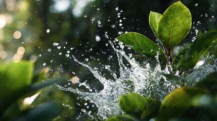 Splashing water droplets caught in sharp detail mid-air, surrounded by lush greenery and glowing background bokeh.