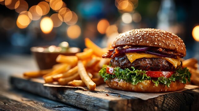Tasty burger and fries combo on rustic table, fresh ingredients, bright overhead lighting, high texture detail.