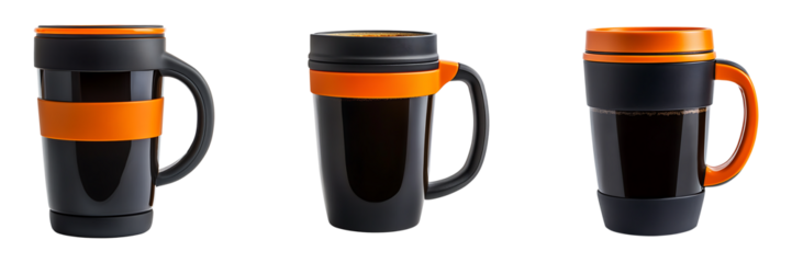 Set of modern black coffee mugs isolated on transparent background