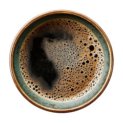 Top view of black coffee in rustic mug isolated on transparent background
