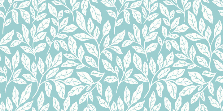 Seamless floral pattern, delicate textile or wallpaper print with hand drawn plant silhouettes. Elegant botanical design of large leaves, delicate foliage drawing. Vector illustration in two colors.