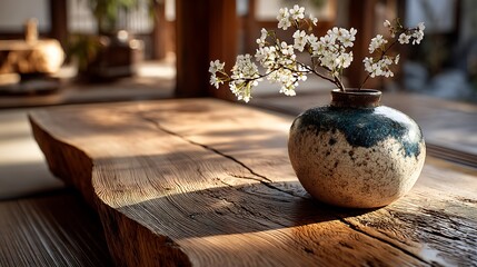 Wooden table made from a tree stump with minimalist ceramic vase holding delicate flowers, soft natural light filtering in, Japanese style interior.