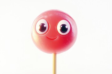 A charming red lollipop with googly eyes and a sweet smile on a white background, a whimsical and sugary treat.