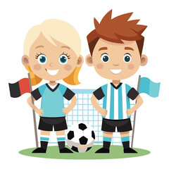 Cheerful soccer team illustration featuring boy and girl cartoon characters with soccer ball