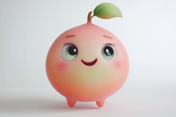 Fototapeta premium A charming, stylized 3D render of a peachy fruit character with big eyes and a sweet smile on a white background.