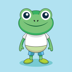 Obraz premium Cute cartoon frog wearing a white t shirt and blue shorts smiling broadly
