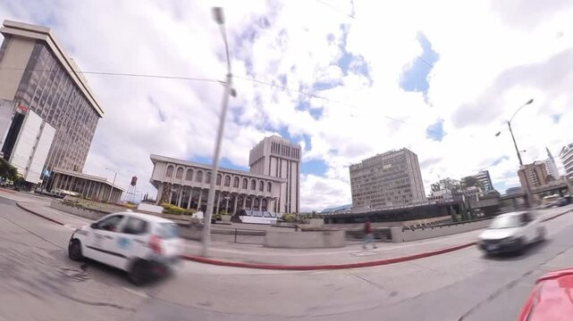 Palacio de Justicia, Guatemala City | filmed from moving car with dynamic truck-style camera movement and motion blur