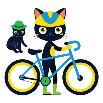 Cute cartoon cat with bicycle wearing a helmet with another cat in a green hat