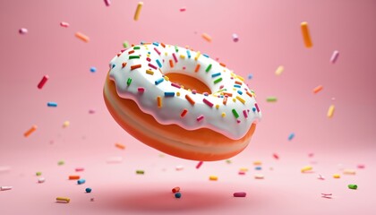 3D render of delicious floating doughnut with vibrant white frosting colorful sprinkles. Sweet dessert design on pink background. Food illustration for ads, posters, menu for cafe, restaurant,
