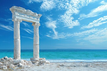 Fototapeta premium Ancient ruins photographed on sandy beach coastal location scenic view clear blue sky relaxing atmosphere