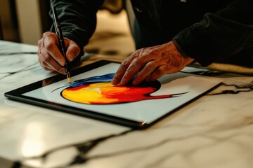 An artist meticulously paints vibrant, abstract colors onto a digital tablet, creating a fluid, dynamic artwork.