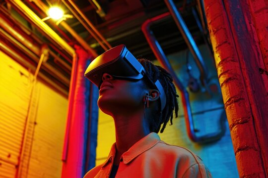 A person wearing a VR headset, immersed in a vibrant, futuristic urban environment. - Powered by Adobe