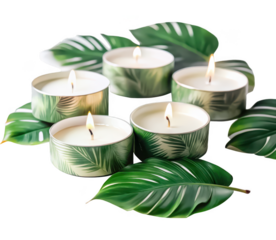 Tropical tealight candle set PNG small candles PNG tropical scent PNG home decor PNG aromatic candles PNG summer relaxation accessory PNG colorful candles PNG transparent background image