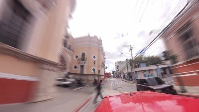 Antiguo Edificio de Guatel, former national telecom building in Guatemala City &mdash; filmed from moving car with dynamic truck-style motion