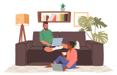 Fototapeta premium Happy young family couple characters working online on laptop at cozy home office cartoon scene