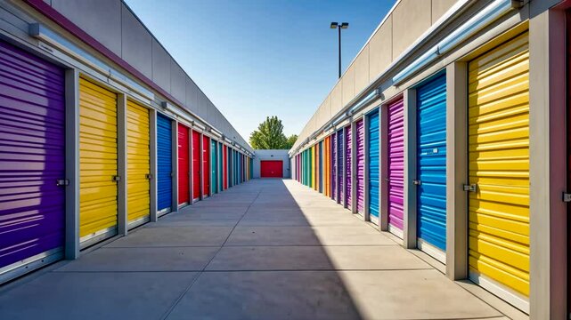 Colorful Outdoor Storage Units with Bright Painted Roll Up Doors in Sunlight
