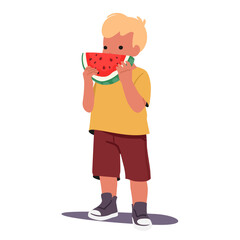 Cute toddler boy kid cartoon character eating sweet watermelon fruit isolated on white background
