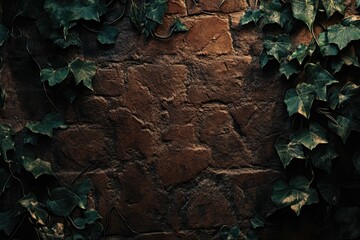 Fototapeta premium Dark green ivy vines climb a textured brown brick wall, creating a moody, atmospheric scene.