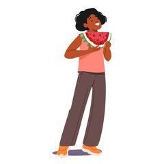 Teenage girl cartoon character eating watermelon fruit with smile on face and joyful expression
