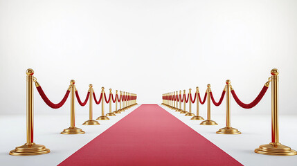 A red carpet with golden stanchions and velvet ropes leading to a bright white background space
