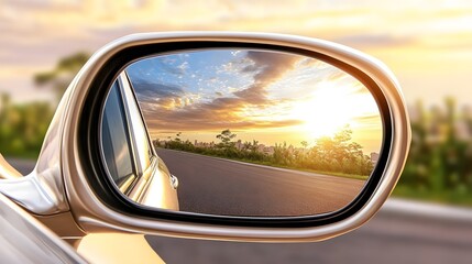 Sunset Road Trip View in Car Side Mirror