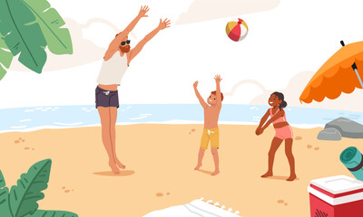 Father with children playing beach volleyball enjoying joyful entertainment time on tropical resort