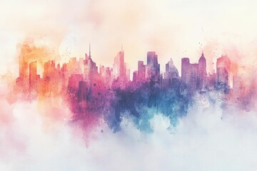A watercolor cityscape, vibrant hues paint a dreamy urban skyline.