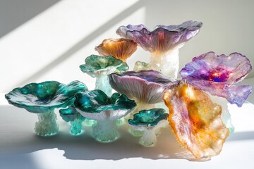 Colorful, translucent glass mushrooms are clustered together, creating a whimsical, artistic, and almost otherworldly display bathed in sunlight.