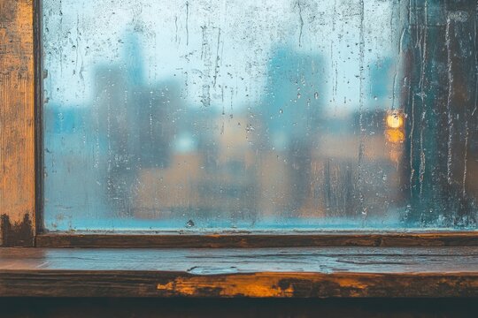 A rainy day view seen through a condensation-covered window pane. - Powered by Adobe