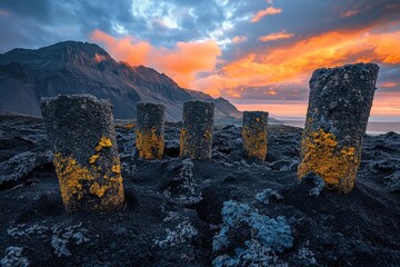 Icelandic landscape with lava pillars adorned with yellow moss against a fiery sunset sky and dark volcanic earth.